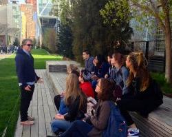 Julian Brash talking with Anthropology students at New York City's High Line park.
