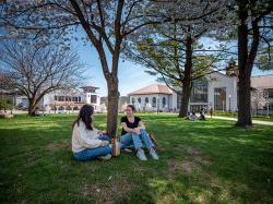 two students sitting under a tree on the Montclair campus