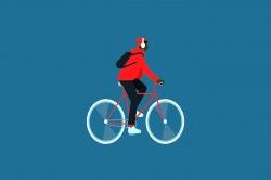 Illustration of a man riding a bicycle. Man is wearing a red hoodie, white headphones, and a black backpack.