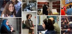 A collage of seven happy, smiling college students working for a college radio station.