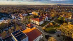Aerial of campus with College Hall, Chapin and Russ.