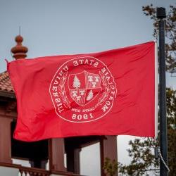 Montclair State University flag outside of Cole Hall.