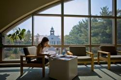 学生在图书馆的大窗户前学习，可以俯瞰学院大厅.